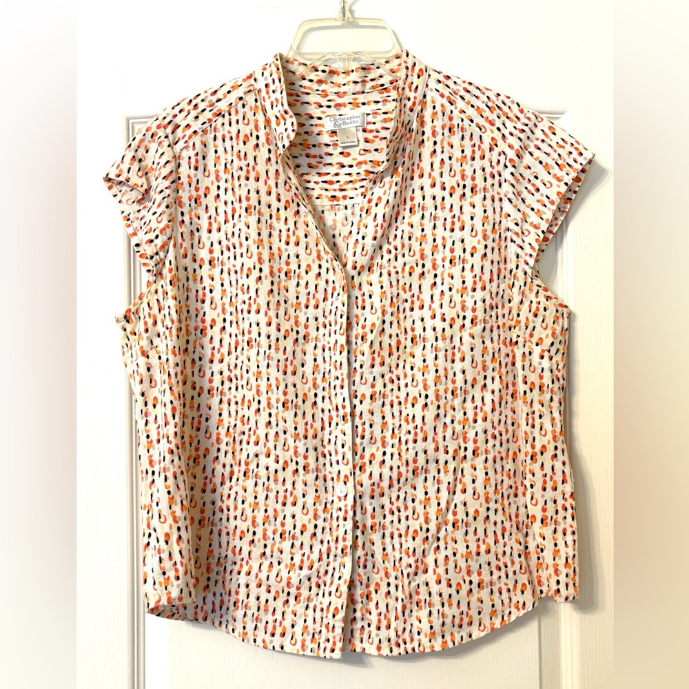 Linen shirt Large Camp Shirt Christopher & Banks White orange cap sleeve top